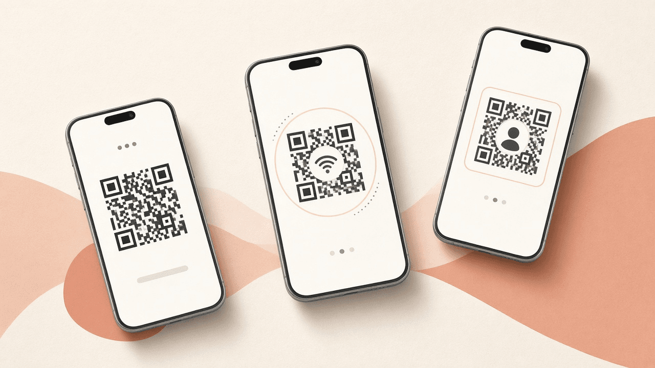QR codes shown on three phones